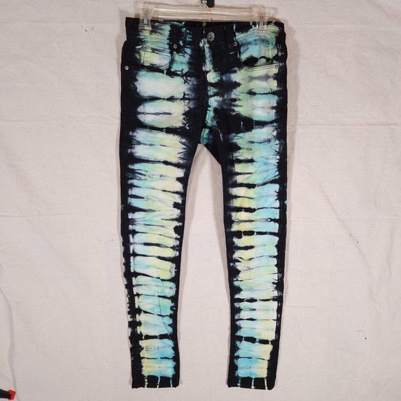 Rogue Jeans Tie Dye Mens 28 Black Skinny Stretchy Denim Pants Boho Retro - Picture 1 of 14